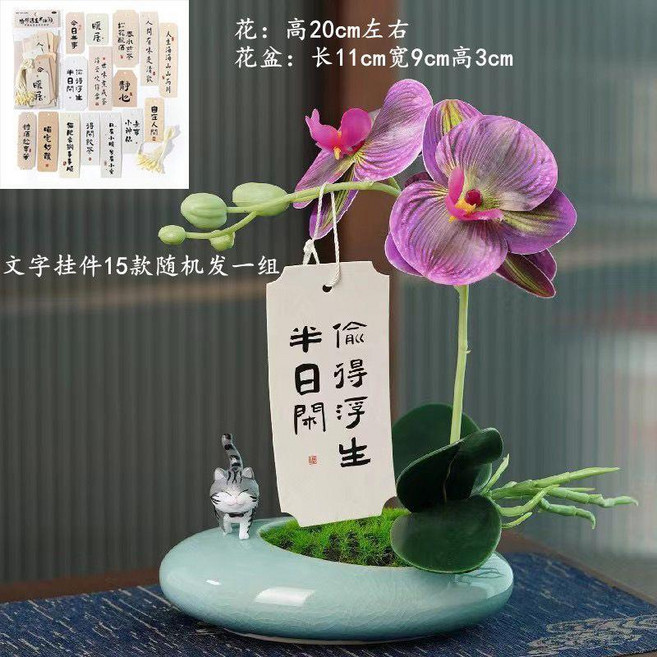 高檔仿真蝴蝶蘭盆栽 桃花盆景, 1個, 小號蛋形+媚紫蝴蝶蘭+布偶貓+掛件