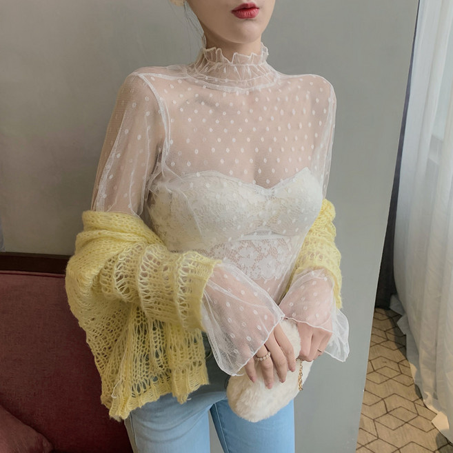 도트 레이스 레이어드 시스루 이너 긴팔 블라우스 망사티셔츠 20092602