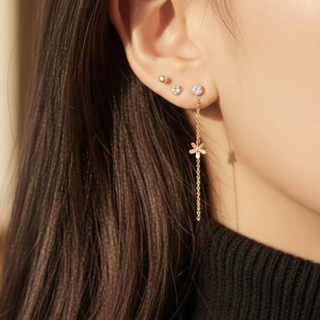 살랑살랑 플라워 큐빅 심플 체인 드롭 귀걸이 써지컬 622