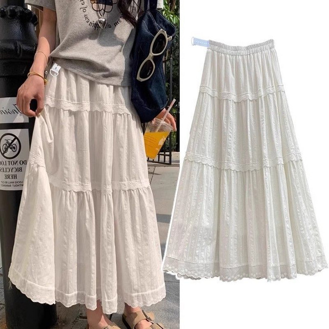 여름 임산부 롱 스커트 a라인 롱스커트 우아한 레이스 포인트 캐주얼 JS