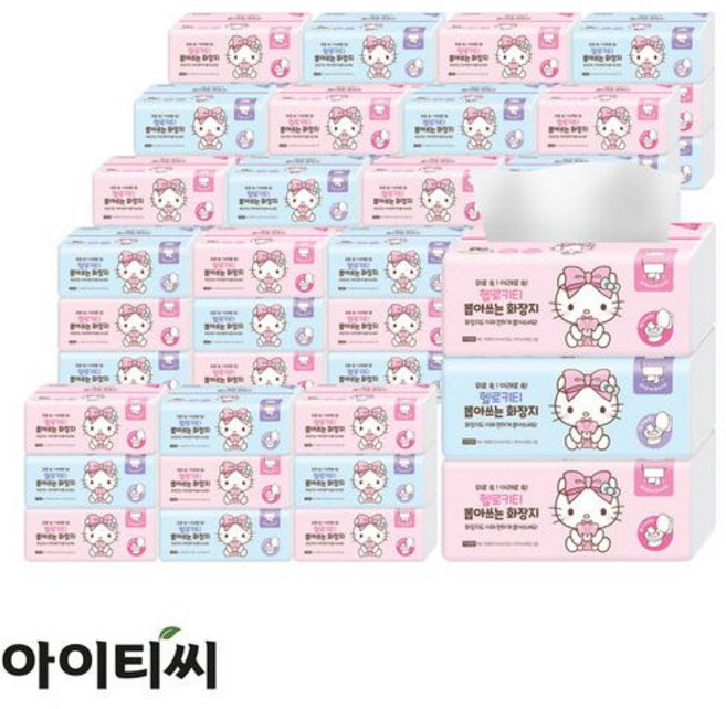 홈스웰 헬로키티 핑크리본 뽑아쓰는 화장지 (100매3개입) 20팩 총60개 프리미엄 미용티슈