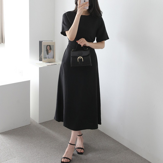 제니트 여성 바스락 비스코스 린넨 허리 스트링 심플 루즈핏 라운드넥 여름 롱 원피스