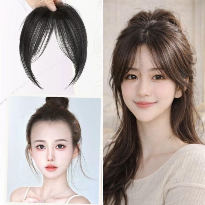잘라서 쓰는 앞머리 부분 가발 헤어피스 클립형 시스루뱅 풀뱅, 1개, 자연스러운 블랙