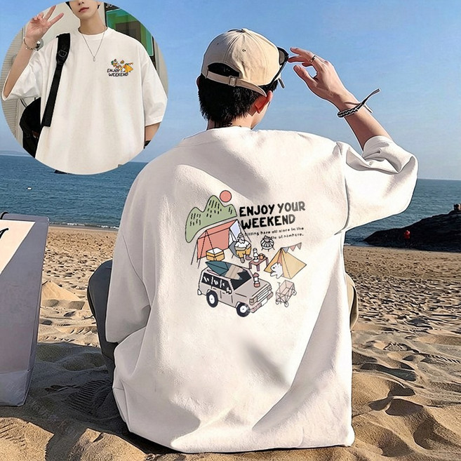 FONOW 반팔면티 순면 100% 남성 루즈핏 반팔티셔츠 빅사이즈 패션 여성티셔츠 편안한 통기 여름 라운지웨어 라운드티셔츠 야외 캠핑 프린팅 디자인 빅사이즈여성쇼핑몰