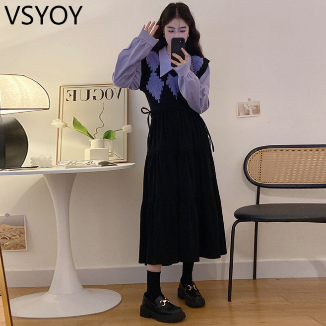 vsyoy 프랑스 복고풍 가짜 2 피스 다이아몬드 패치 워크 스웨터 원피스 여성의 가을과 겨울 지방 허리 슬리밍 스커트