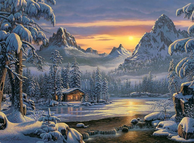 버프 Buffalo Games Kim Norlien - Evening On Mountain Lake 1000피스 크리스마스 직소퍼즐 축제 휴일 퍼즐 정밀 컷 피스 겨울 아트워크