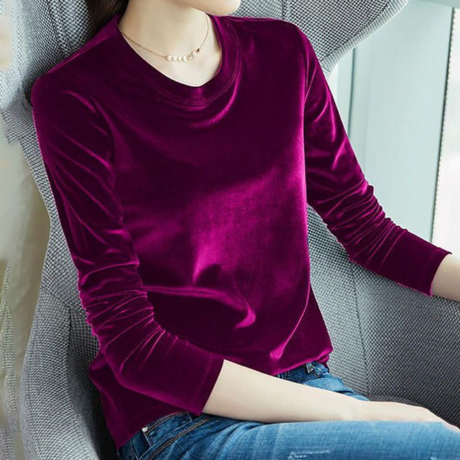 ROYALBELLE 여성 벨벳 긴팔 티셔츠 라운드넥 심플 디자인 데일리 루즈핏 티셔츠 E01022453
