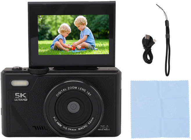 정시출고 품질보증 디지털 카메라 미소 감지 미러리스 18X 줌 자동 초점 5K 75MP HD 3인치 화면(여행용 USB, 02 Black, 1개