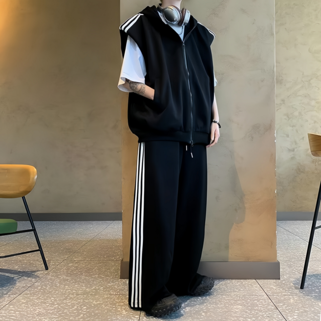 HOMASS 남성 캐주얼 트레이닝 세트 후드 조끼 + 와이드 팬츠 투피스