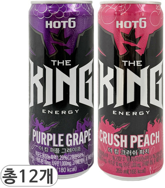 핫식스 더킹 퍼플 그레이프 & 크러쉬 피치 에너지음료, 12개입, 355ml
