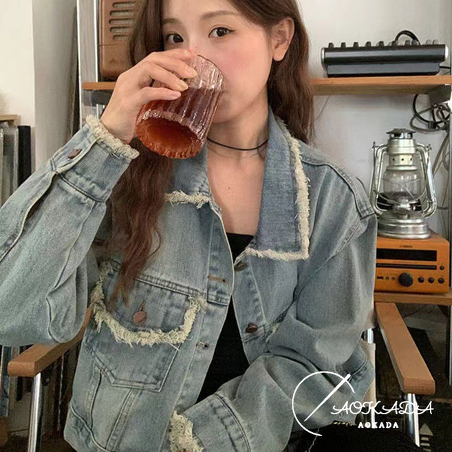 AOKADA 청자켓 디자인 수술 코트 여자 봄 데님자켓 크롭 블루종