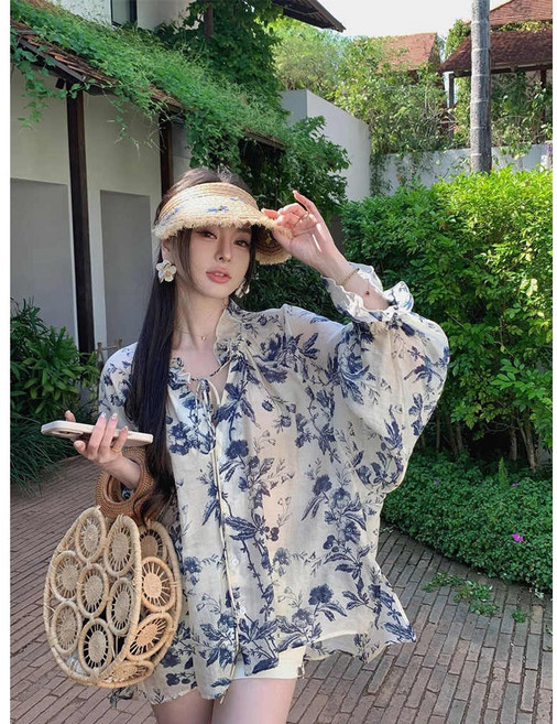 AD3537여자 여름 고퀄 린넨 마 코튼 면혼방 라운드넥 리본 타이 셔링 긴팔 셔츠 남방 블라우스 프렌치 플라워 자외선차단 쿨링 루즈핏 캐주얼 빅사이즈 데일리룩