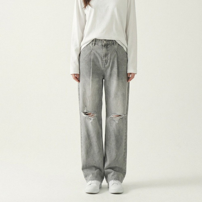 라르고비에 핀턱 히든밴딩 데미지 와이드 팬츠 난스판 워싱 청바지 [기장3종]