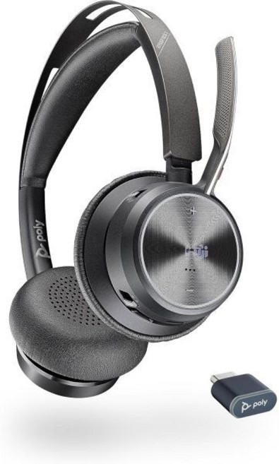 폴리 - 보이저 포커스 2 UC USB-C 헤드셋(플랜트로닉스) 붐 마이크가 장착된 블루투스 듀얼 이어(스테레오) 헤드셋 PC/Mac 호환 액티브 노이즈 캔슬링 팀(인증) 줌, USB-C Bluetooth Adapter, Headset/ Teams Version