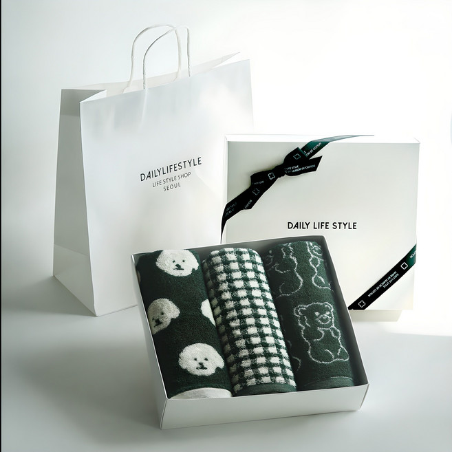 메종드코튼 그리드 호텔타올 190g 40수 코마사 3종 선물세트 + 쇼핑백, 그린, 1세트