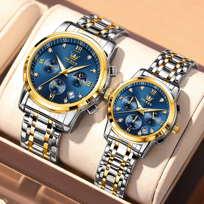 OLEVS 커플 시계 정품쿼츠 럭셔리 명품 워터프루프 야광 일력 다기능 메탈시계