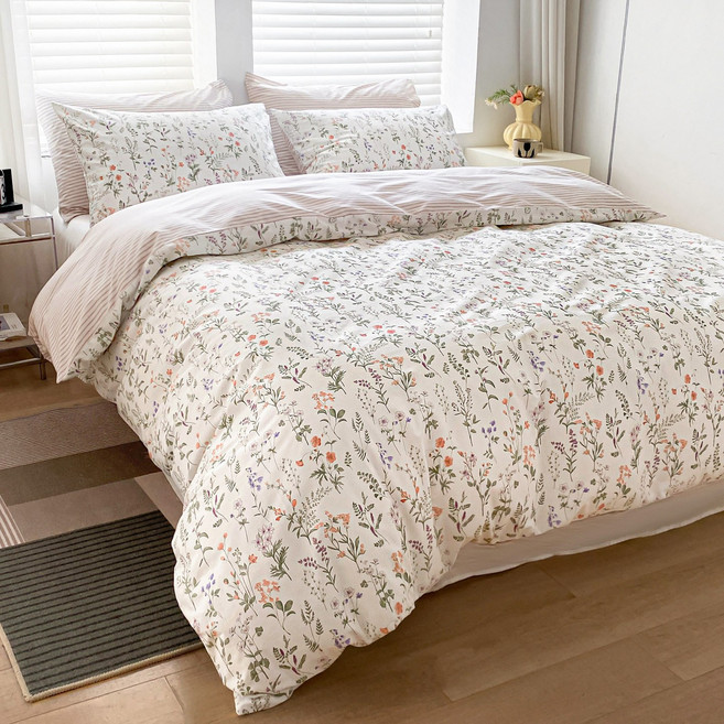 COZYKISS 화사한 화원 순면 100% 이불커버 단품 부드러운 침구 S/SS/D/Q, 화원-흰색