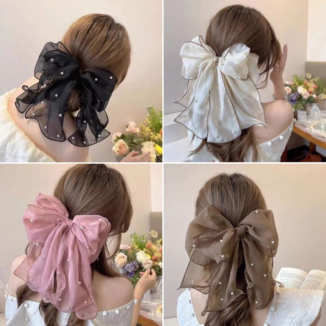 ZMBIRD 쉬폰 왕리본 진주 자동핀 4종세트 N5542