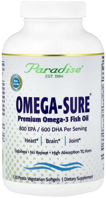 파라다이스허브 오메가-Sure 프리미엄 오메가 3 피시오일 1000mg 120 Pesco-베지테리언 소프트젤, 1개, 1개, 120정 - 쿠팡