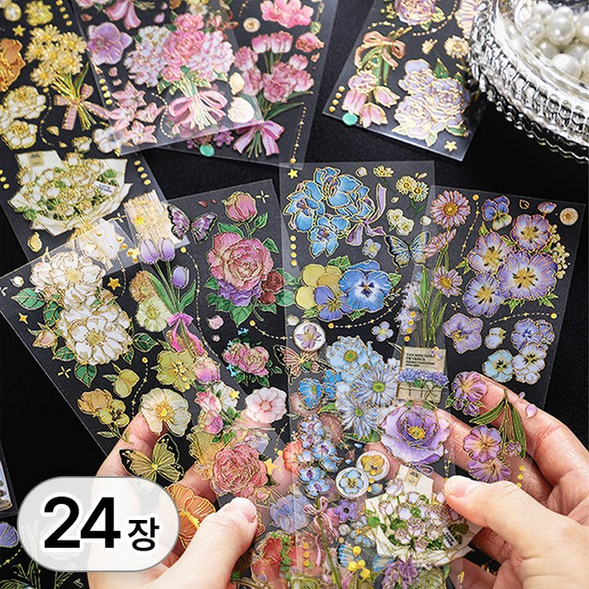 투데이리빙 24장 세트 플라워 다꾸 스티커 다이어리 꾸미기 대용량 쁘띠 팬시 데코 인스 빈티지 나비 씰스티커, R89103A(24장, 1세트, 혼합색상 24종