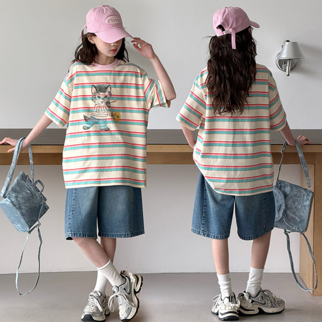 비비키드 여아 여름 초중생 상하복 세트 주니어 고양이 캐릭터 스트라이프 라운드넥 반팔티 상의+하의 초등생 데님 반바지 ( 66601)
