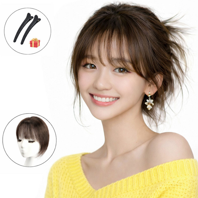 VELNIO 자연앞머리 정수리 볼륨커버 클립형 앞머리 가발 여성용 붙임머리 헤어피스, 1개, 다크 브라운