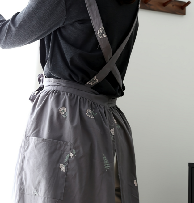 우아한 자수 포켓 여성 원피스형 앞치마 모던 순면 방수 주방용 앞치마, 1개, 그레이