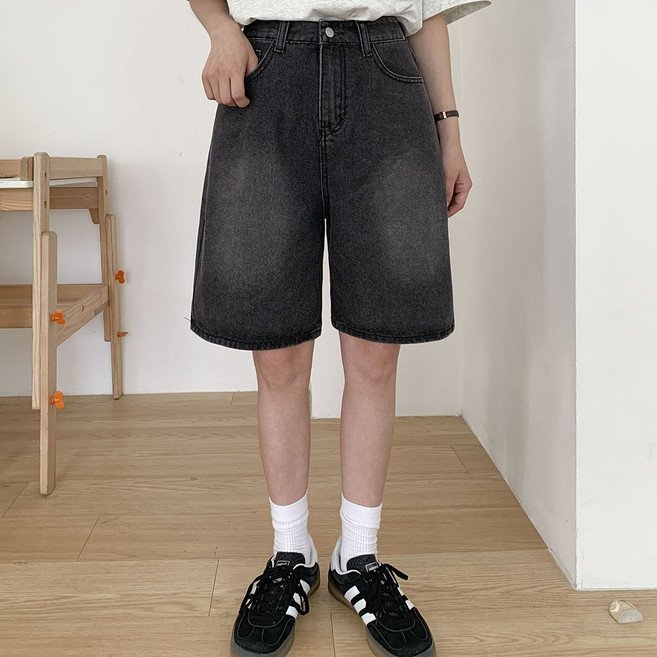 앤샵 여성 와이드 5부 데님 팬츠 면100 버뮤다 청반바지 중청 블랙(2color)