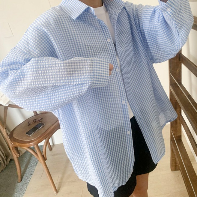 애플망고옷장 오버핏 폼체크지지미 긴팔 남방 셔츠