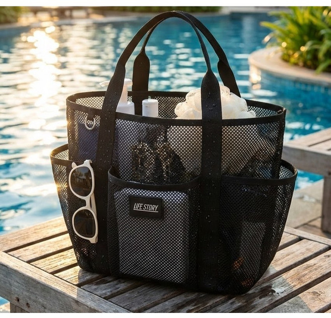 퓨어센스 수영 목욕 가방 물빠짐 메쉬 멀티포켓 비치백, 블랙