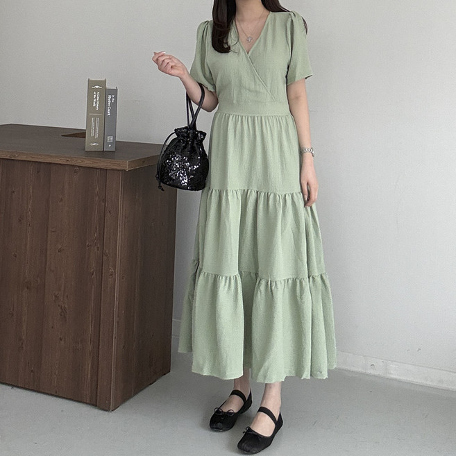 [행복여] 디아망 브이넥 캉캉 셔링 지지미 롱 원피스