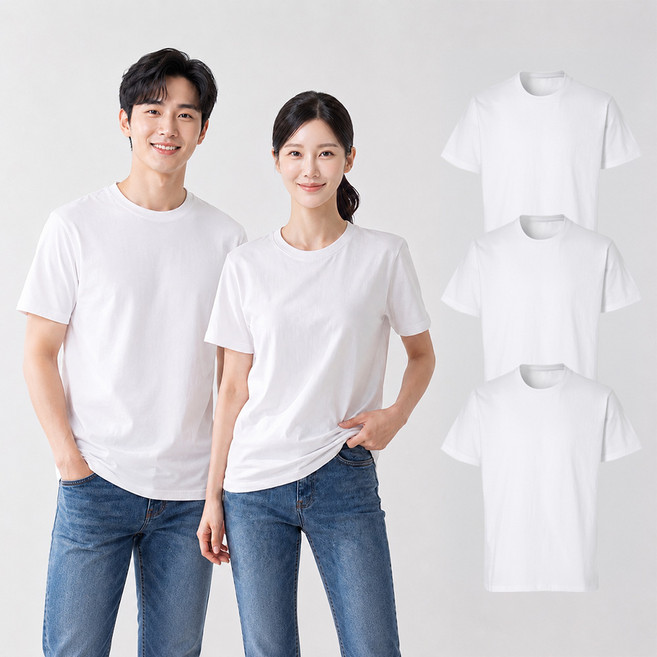 [3장 묶음상품] 면 100% 남녀공용 베이직 라운드 반팔 티셔츠 여름 무지 티셔츠 잠옷티 이너티