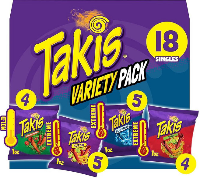 Takis 18피스 / 28.3g(1온스) 히어로 버라이어티 팩 다양한 맛의 혼합 롤 토르티야 칩 - 푸에고 8개 블루 히트 6개 강렬한 나초 4개, Takis 18피스 / 28.3g1온스 버라이어티 팩, 1