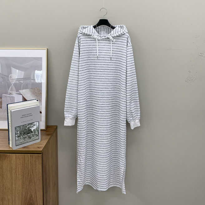 [행복여] 홀리 스트라이프 캐쥬얼 루즈핏 후드 롱 원피스