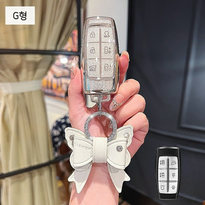 제네시스 차 키케이스 G80 G70 GV80 GV70 핑크 스마트 자동차 키홀더 커버, G타입-(제네시스-6버튼)-화이트-리본