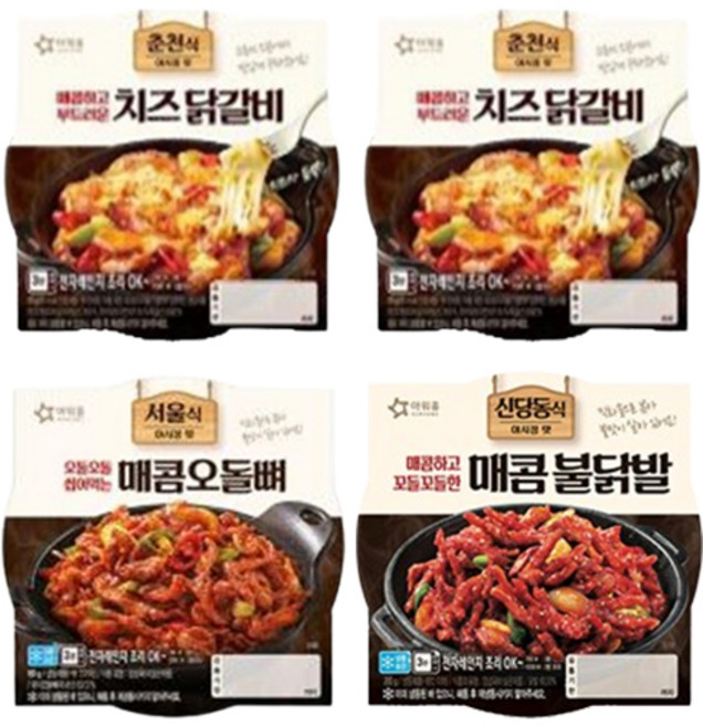 아워홈 치즈닭갈비 170g 2개 + 매콤오돌뼈 160g 1개 + 매콤불닭발 200g 1개