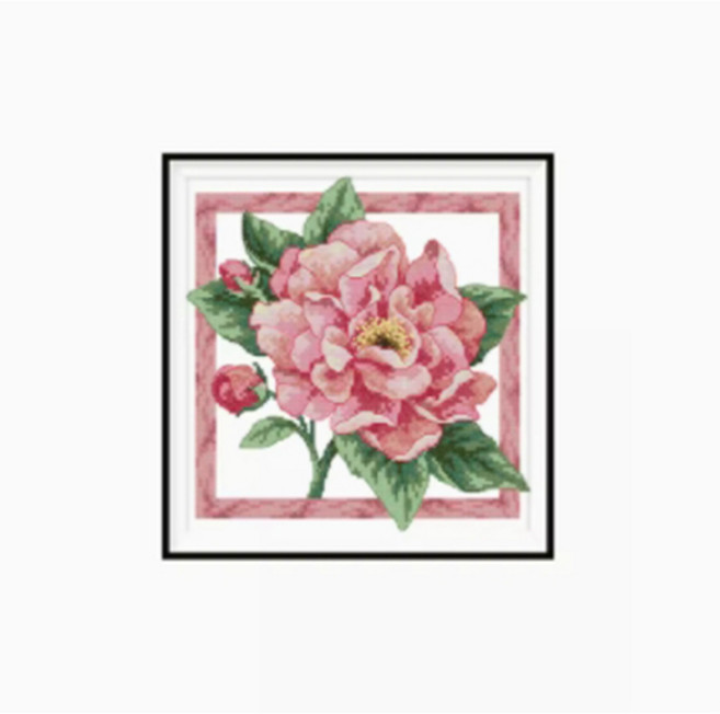 푸아이 실십자수 모란 한송이 프린트 도안 패키지 9/11CT 5D 자수세트 면실 실크실 명화, 친환경 면사 33x33cm 3가닥 22색, 1개