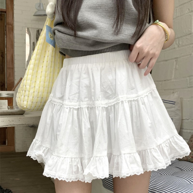 쪼예 [속바지 안감] 큐티 레이어드 셔링 레이스 밴딩 A라인 미니 스커트