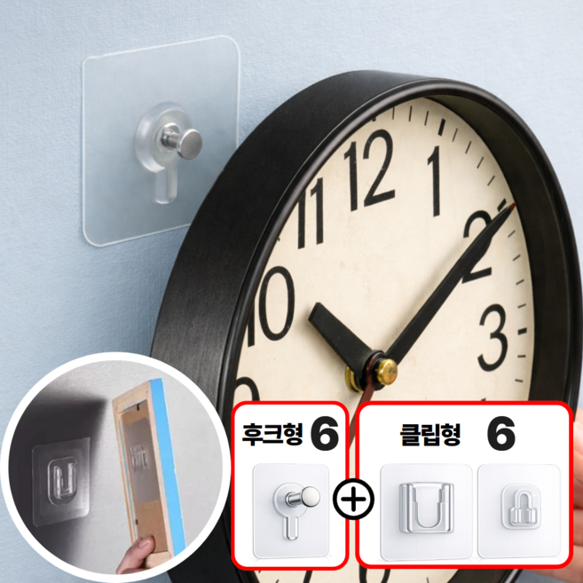 온데이 무타공 액자걸이 접착식 못없이 튼튼한 시계걸이 매직후크 hj-233, 12개, 투명