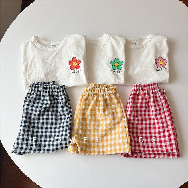 마이슈마켓 키즈 아동 스마일 반팔 체크바지 남아 여아 상하세트 아기 여름 상하복 등원룩