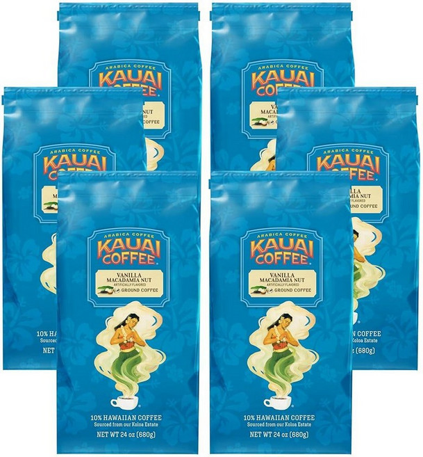 KAUAI COFFEE 그라운드 바닐라 마카다미아 너트 맛 하와이 최대 재배자의 10% 하와이안 커피 대담하고 풍부한 블렌드 680.4g(24온스), 24온스 (6개입), 680g