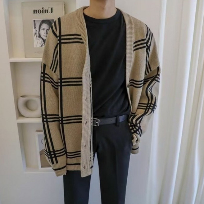 톰디 남성 오버핏 체크 니트 가디건