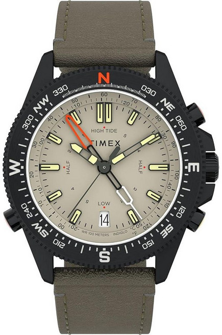 Timex 남성용 익스페디션 North Tide-Temp-Compass 43mm 시계 브라운/블랙/스테인리스 스틸 43mm 익스페디션 노스 타이드 템프-나침반, 그린/내추럴/IP 블랙