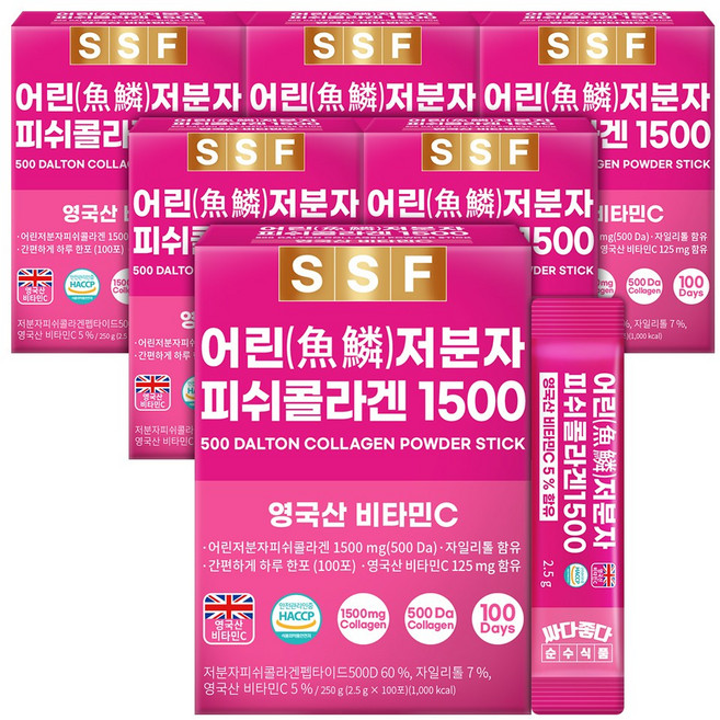 순수식품 500달톤 저분자 피쉬 콜라겐 1500mg 스틱 6박스(600포) 실속형 비타민C, 2.5g, 600개