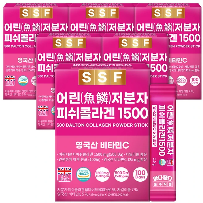 순수식품 500달톤 저분자 피쉬 콜라겐 1500mg 스틱 6박스(600포) 실속형 비타민C, 2.5g, 600개 - 쿠팡