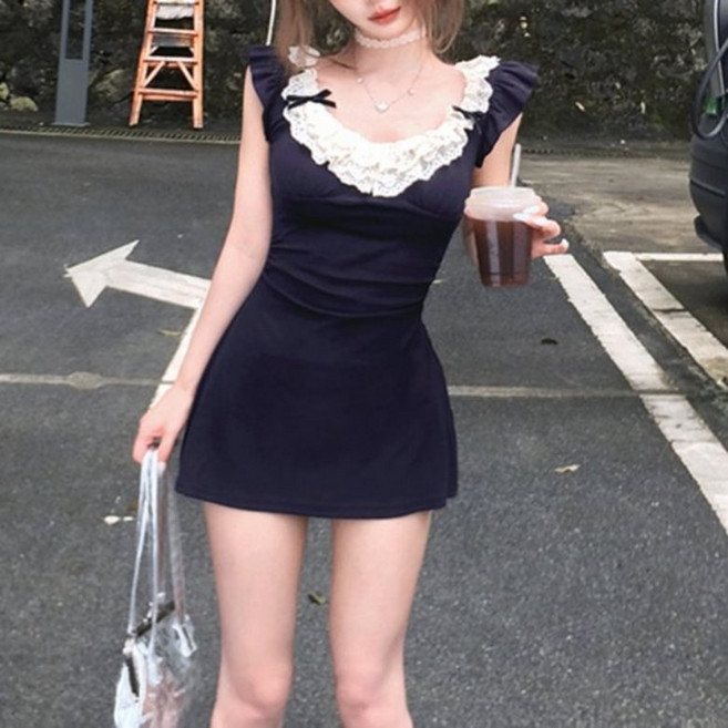 아이엠몽 여성 레이스 포인트 A라인 프릴 미니 원피스