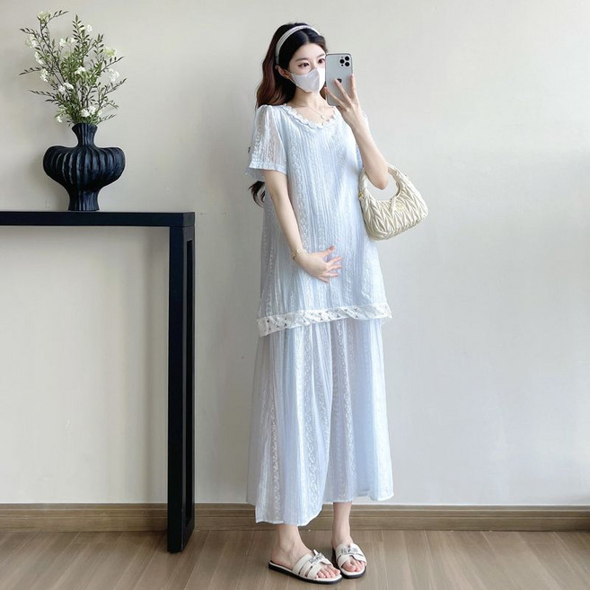 임산부 여름 캐주얼 세트 여름 세트 캐주얼 루즈핏 반팔 티셔츠 와이드 롱 스커트 세트 편안한 스타일 JS