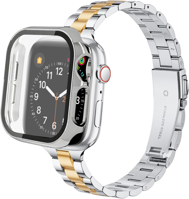 포근루프 애플워치 호환 슬림 메탈 스트랩 11 10 9 8 7 6 5 4 3 2 1 SE2/3 Ultra2/3, 실버 골드+실버