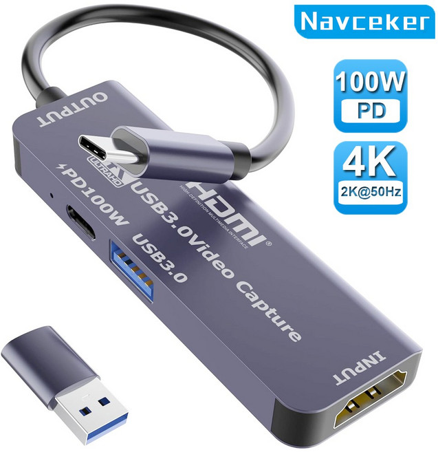 Navceker USB 3.0 비디오 캡처 카드 메타 퀘스트 3 아이패드 HDMI에서 USB C 타입 게이밍 라이브 스트리밍 비디오 녹음기 100W PD, ZY-AC1-2