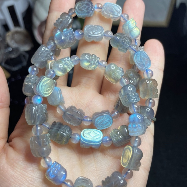 拉長石彩光貔貅手串 雕刻貔貅珠約8x10mm 搭配圓珠約8mm